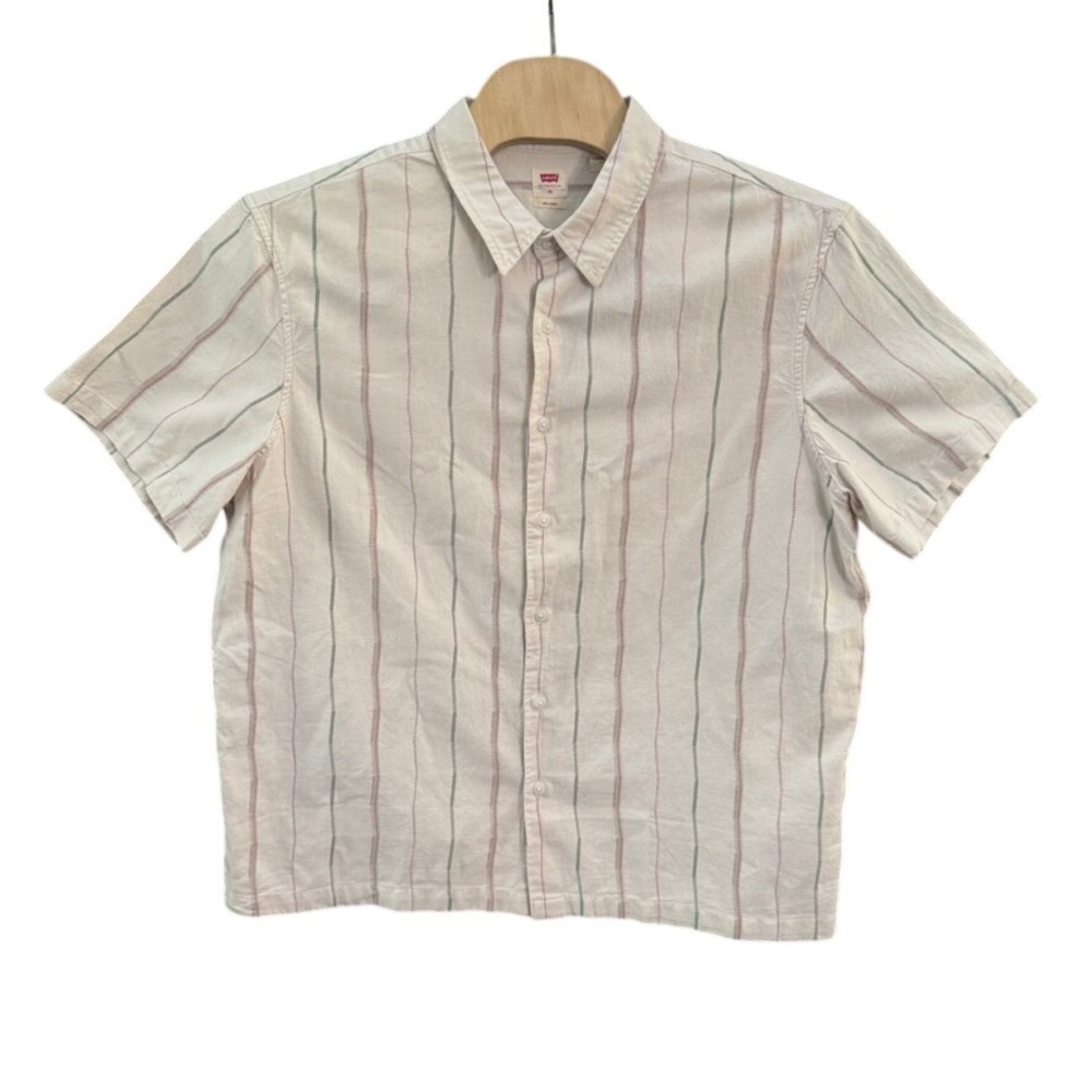 NWT Levis Mens Relaxed Fit Short Sleeve Button Down Shirt Cream Striped XL NEW